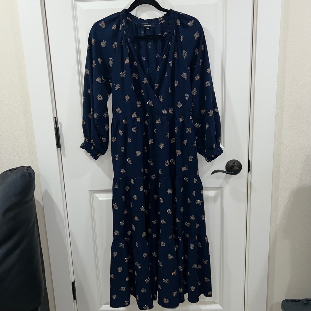 Madewell Challis Tiered Midi Long Sleeve Floral Dress Size XS Navy Blue‎ - Picture 4 of 9
